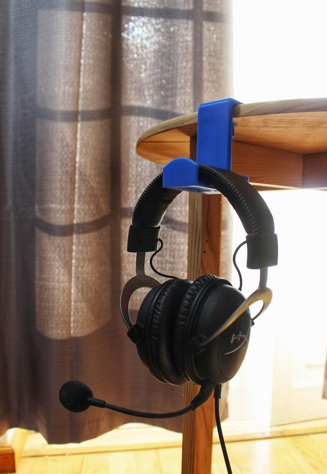 Hanging View of our 3d printed headset stand holding a gaming headset